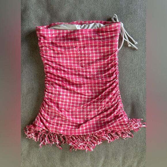 Coco Rave Multi Way Halter or Strapless Fringe One Piece Pink Gingham Swim Dress - Picture 6 of 6